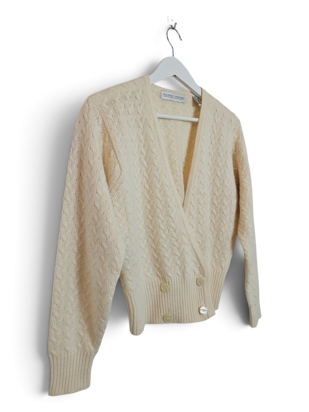 Vintage Valerie Stevens Cardigan S Angora Lambswool Cable Knit Surplice Cream